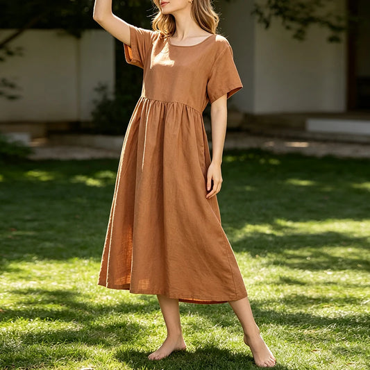 A-Line Linen Midi Dress with Pockets