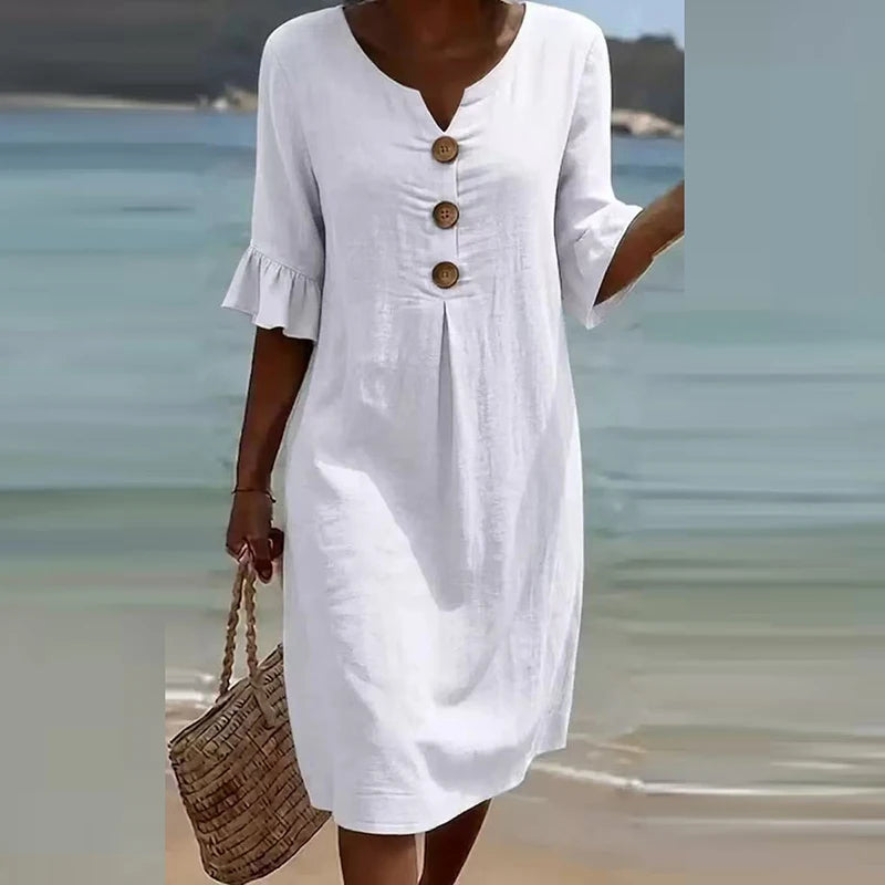 Printed V-Neck Button Midi Dress