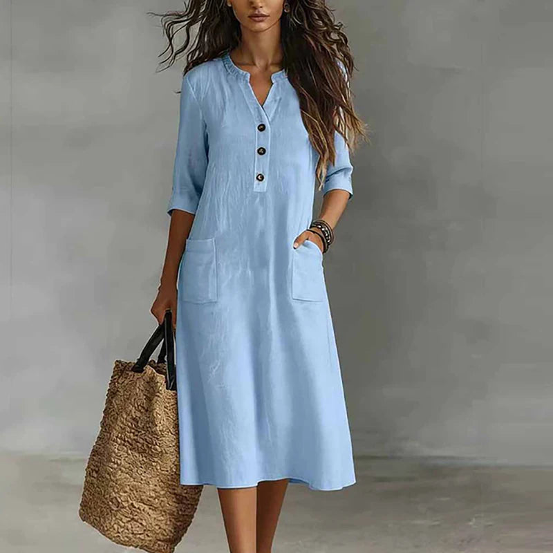 Half-Sleeve Midi Dress with Pockets