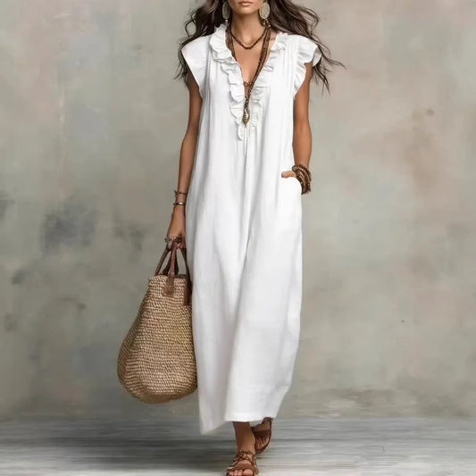 Linen-Blend Ruffle Maxi Dress with Pockets