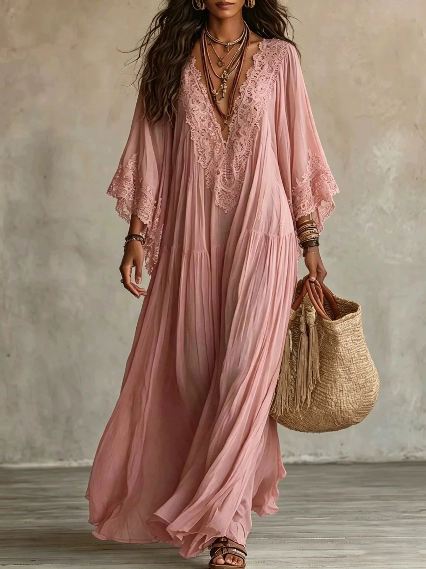 Lace-Trim V-Neck Maxi Dress