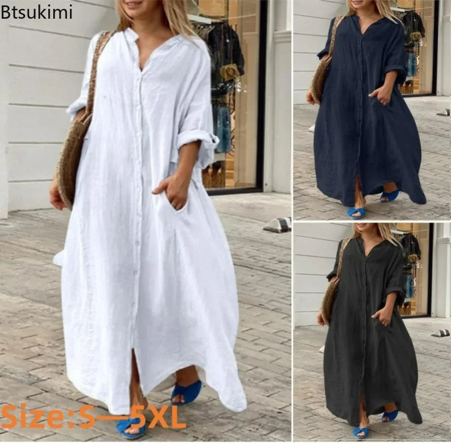 Linen-Blend Long Shirt Dress with Pockets