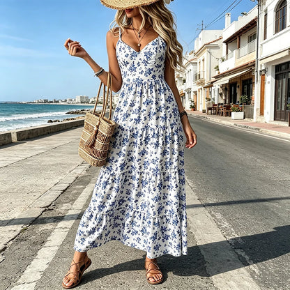 Floral Tiered-Ruffle Strappy Maxi Dress