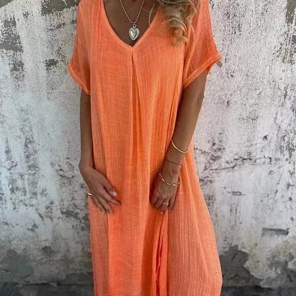 Short-Sleeve Linen V-Neck Maxi Dress