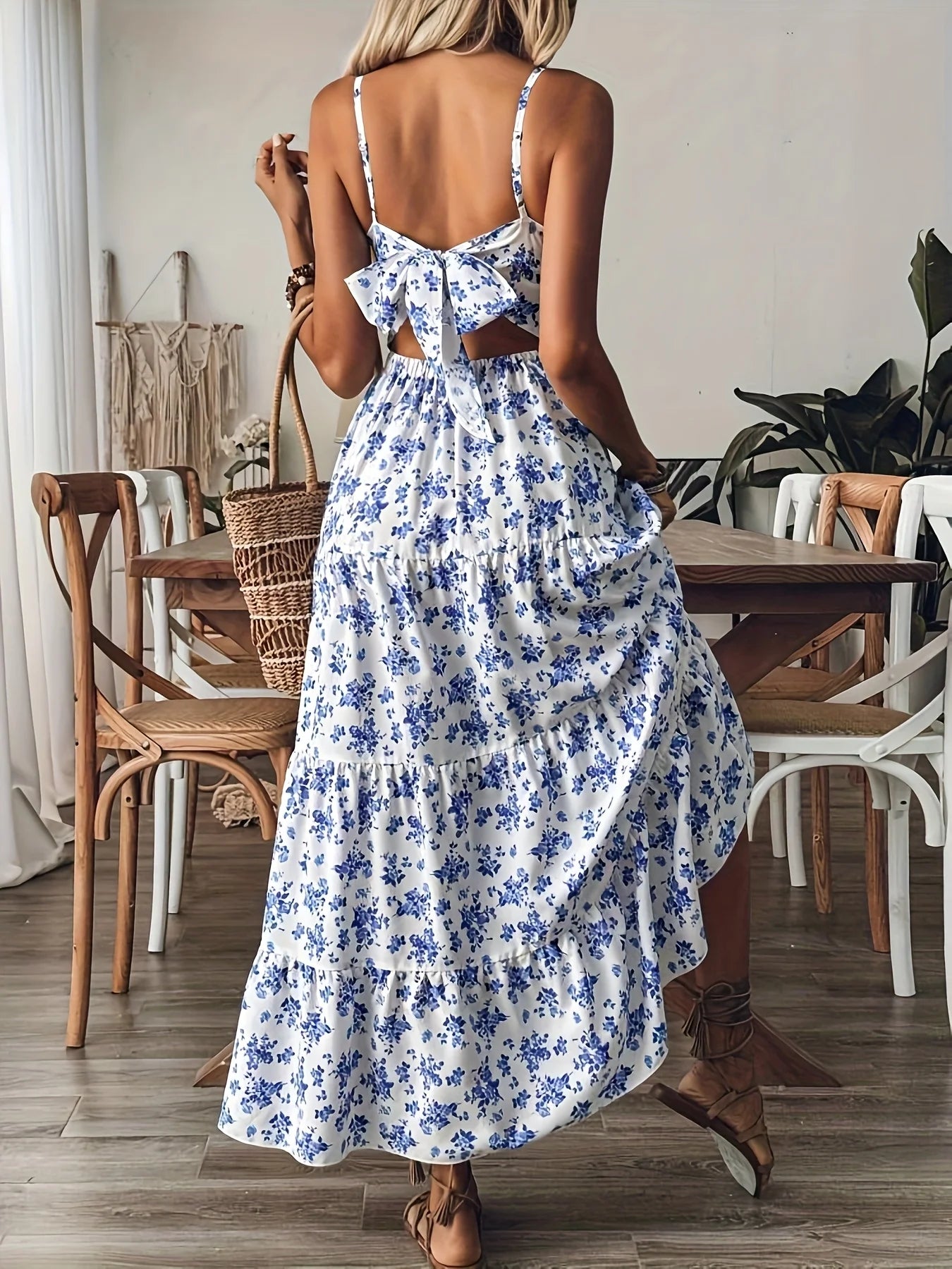 Floral Tiered-Ruffle Strappy Maxi Dress