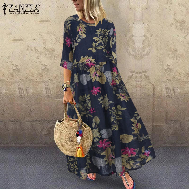 Floral Print Three-Quarter Sleeve Midi Dress