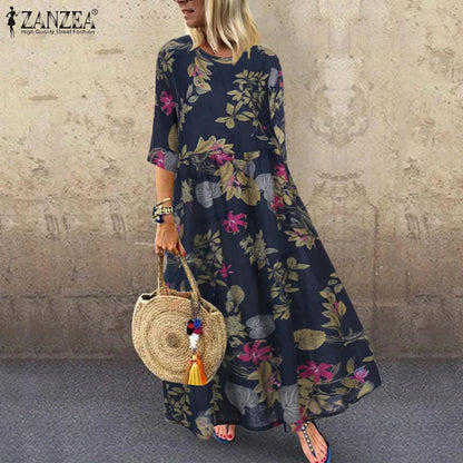 Floral Print Three-Quarter Sleeve Midi Dress
