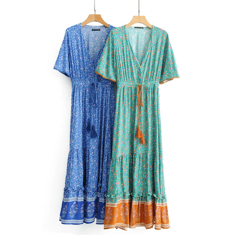 Floral Tassel-Trim Bohemian Maxi Dress