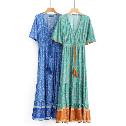 Floral Tassel-Trim Bohemian Maxi Dress