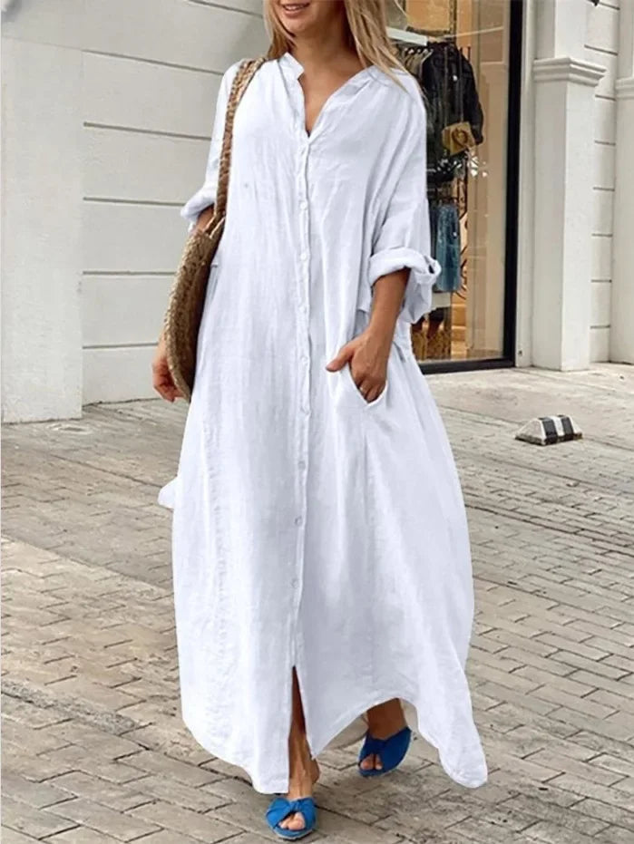 Linen-Blend Long Shirt Dress with Pockets