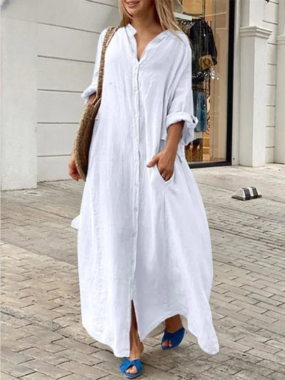 Linen-Blend Long Shirt Dress with Pockets
