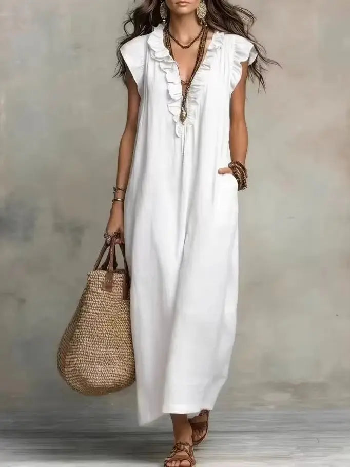 Linen-Blend Ruffle Maxi Dress with Pockets