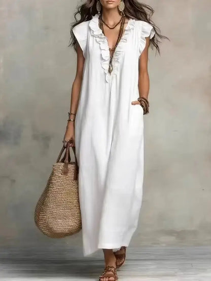 Linen-Blend Ruffle Maxi Dress with Pockets