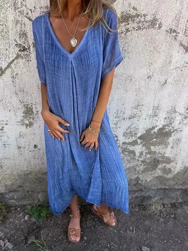 Short-Sleeve Linen V-Neck Maxi Dress