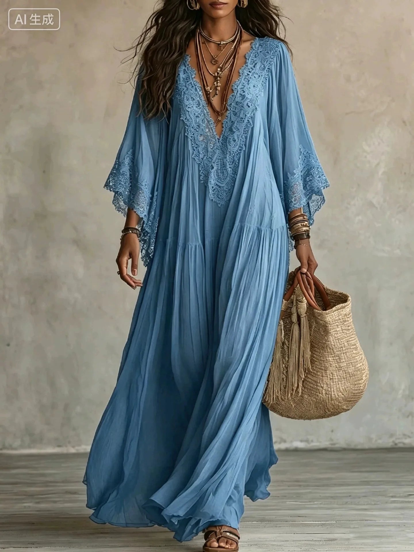 Lace-Trim V-Neck Maxi Dress