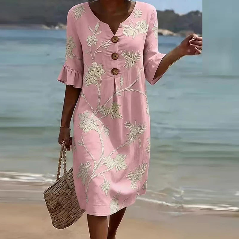Printed V-Neck Button Midi Dress