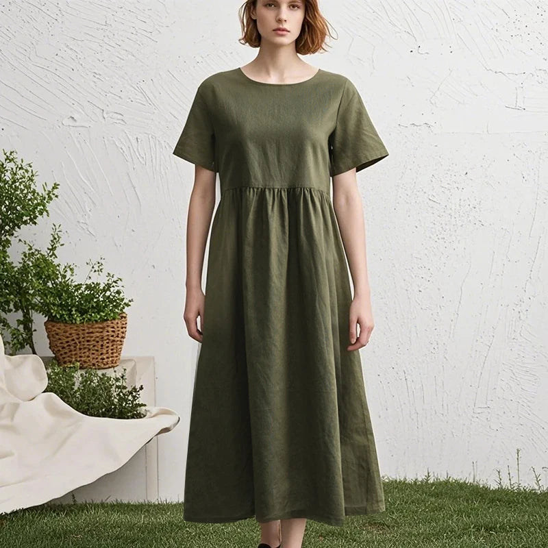 A-Line Linen Midi Dress with Pockets