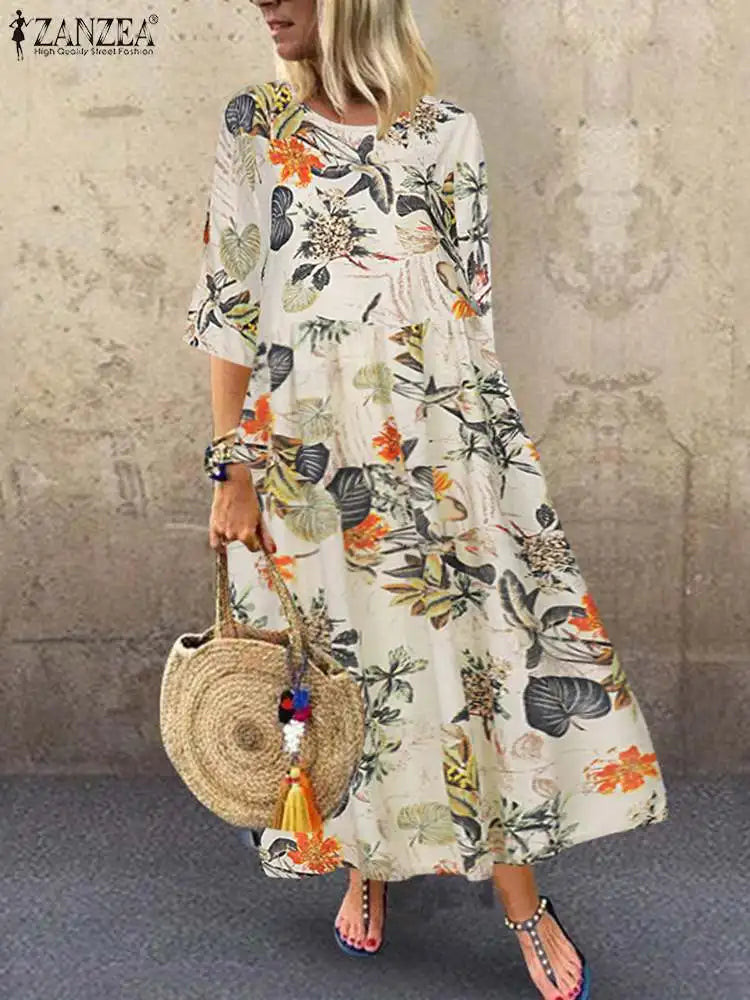 Floral Print Three-Quarter Sleeve Midi Dress