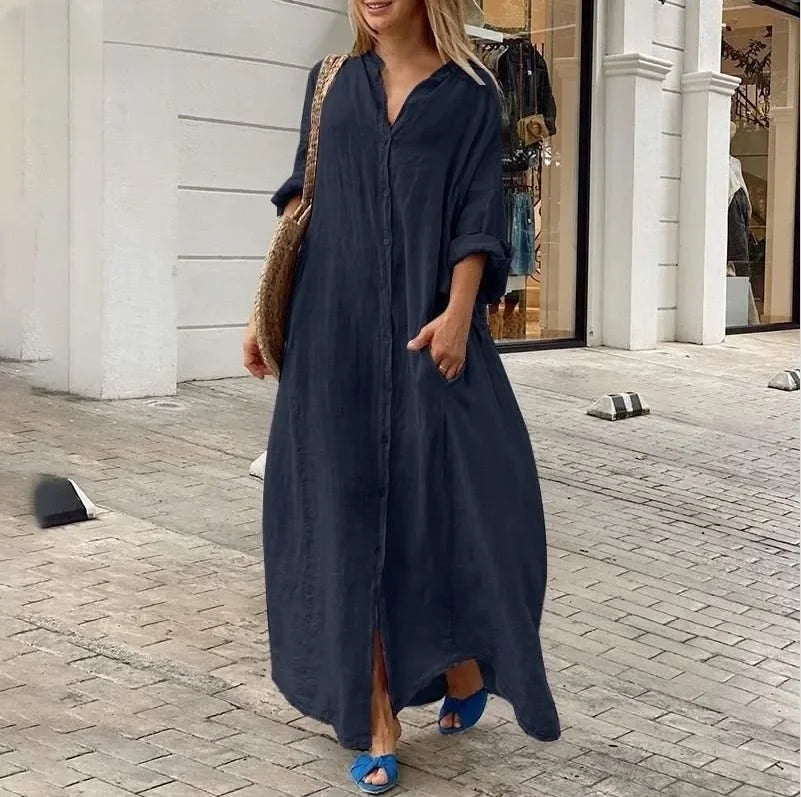 Linen-Blend Long Shirt Dress with Pockets