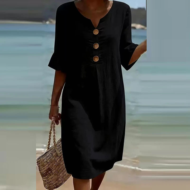 Printed V-Neck Button Midi Dress