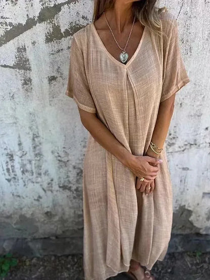 Short-Sleeve Linen V-Neck Maxi Dress
