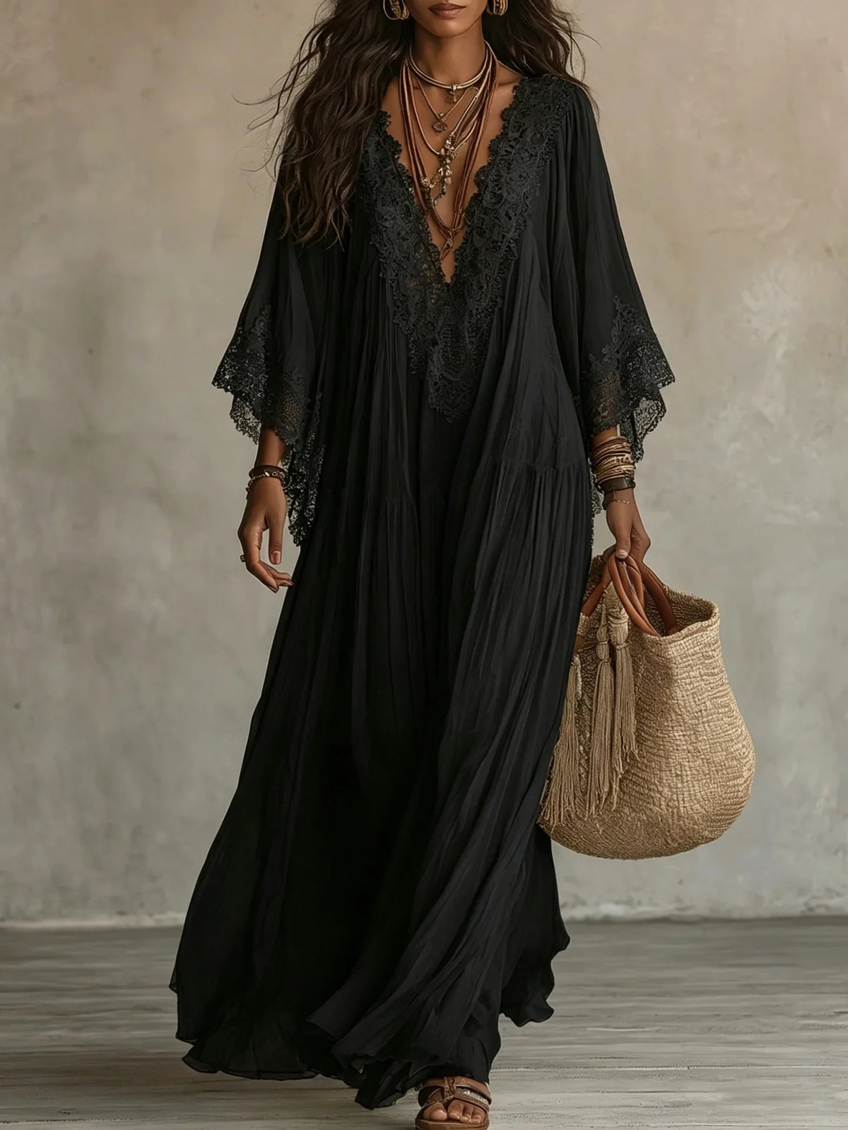 Lace-Trim V-Neck Maxi Dress