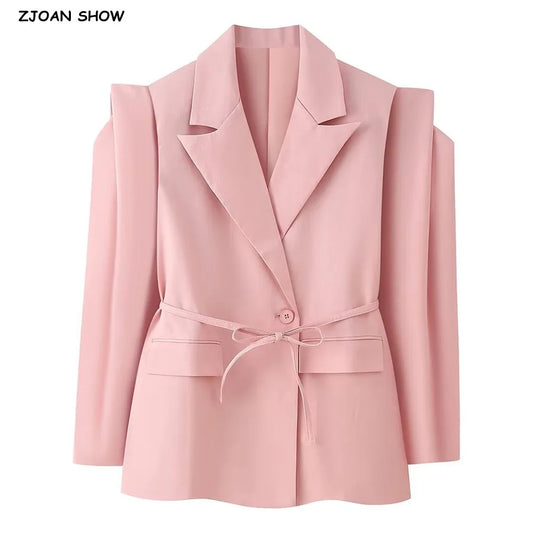 Tie-Sash Shrug-Shoulder Blazer Coat