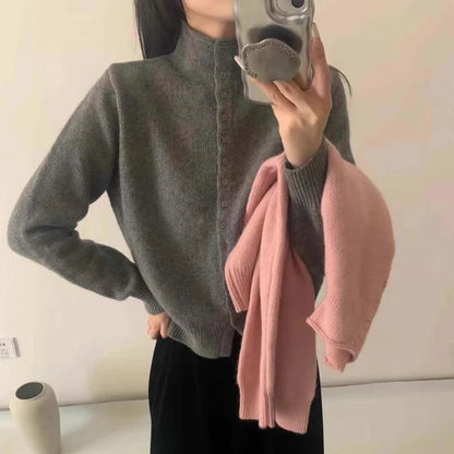 Stand-Collar Button Knit Cardigan