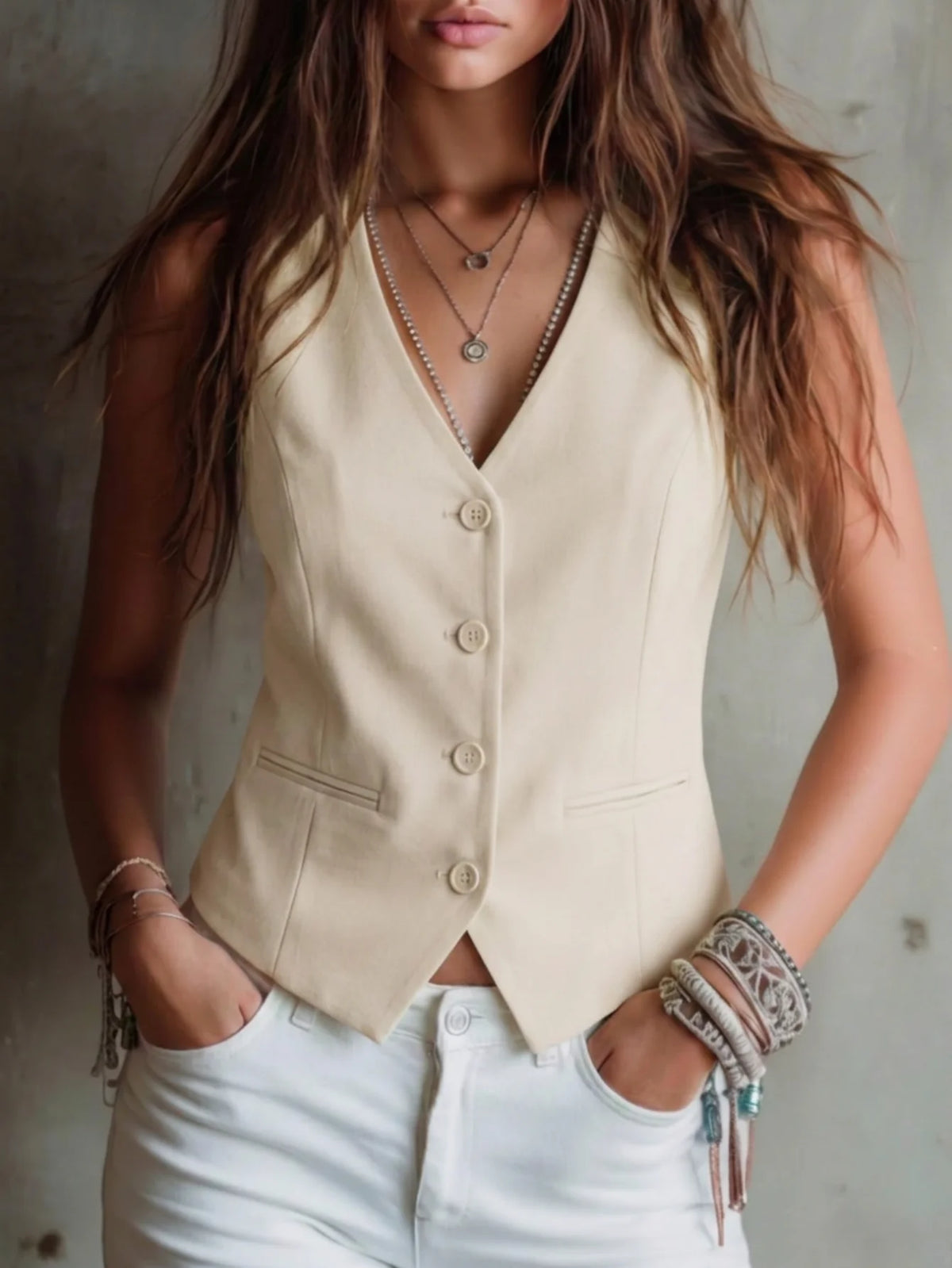 V-Neck Button-Front Tailored Waistcoat
