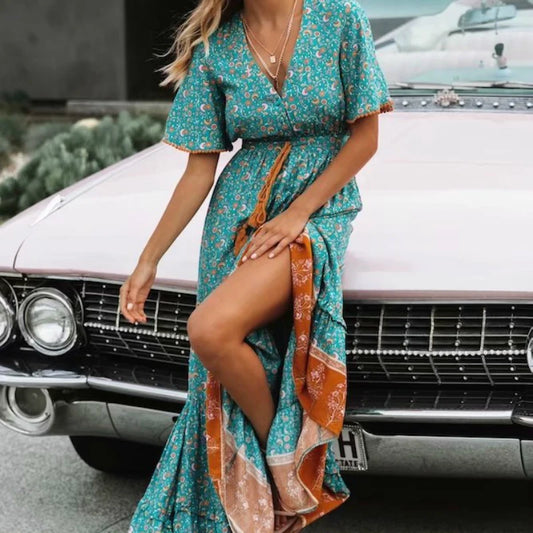 Floral Tassel-Trim Bohemian Maxi Dress