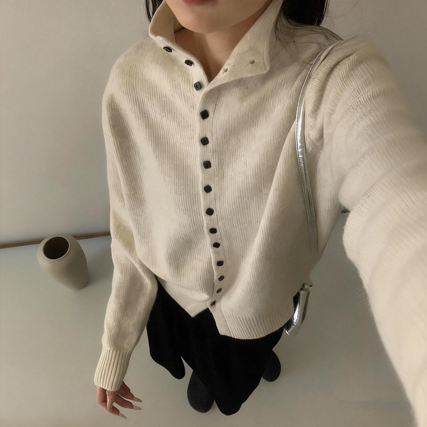 Stand-Collar Button Knit Cardigan