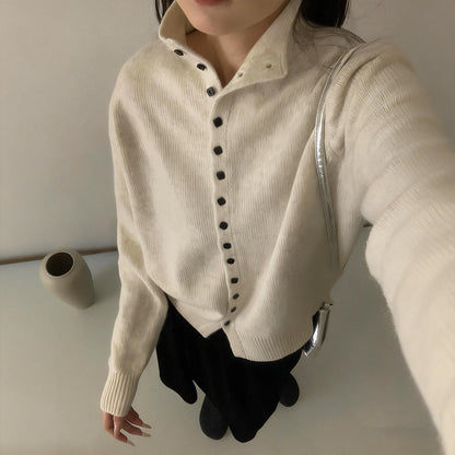 Stand-Collar Button Knit Cardigan