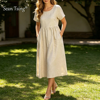 A-Line Linen Midi Dress with Pockets