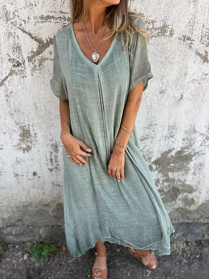Short-Sleeve Linen V-Neck Maxi Dress