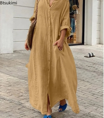 Linen-Blend Long Shirt Dress with Pockets