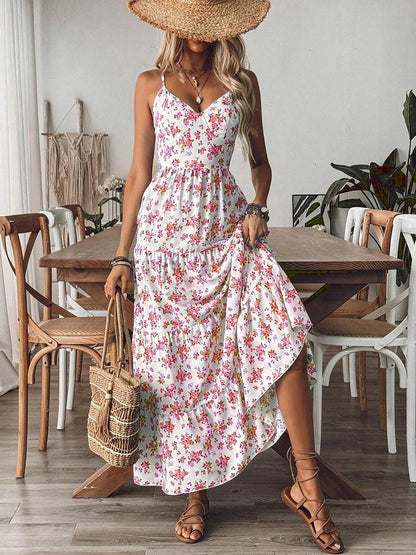 Floral Tiered-Ruffle Strappy Maxi Dress