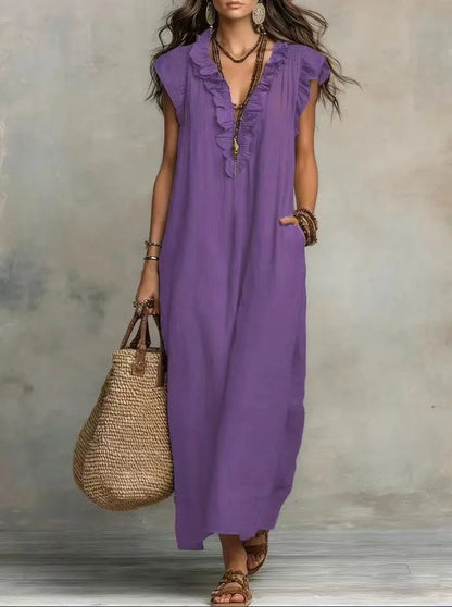 Linen-Blend Ruffle Maxi Dress with Pockets
