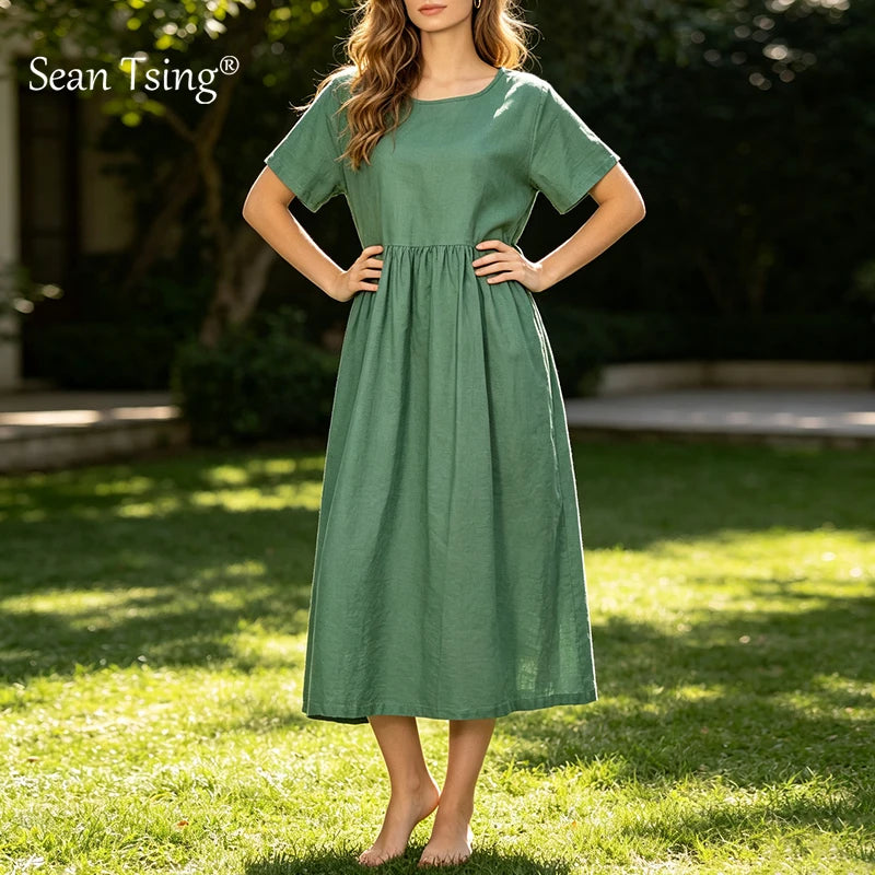 A-Line Linen Midi Dress with Pockets