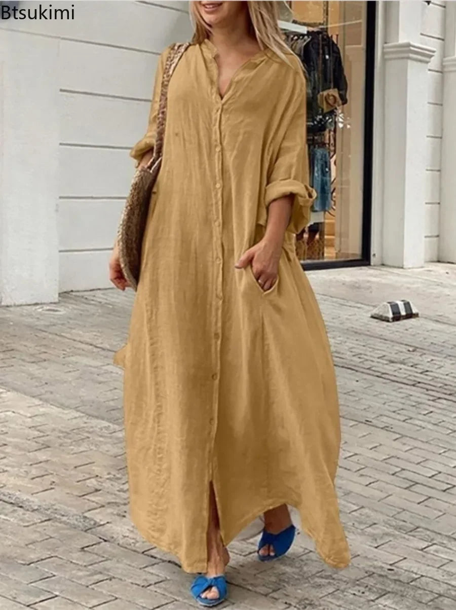 Linen-Blend Long Shirt Dress with Pockets