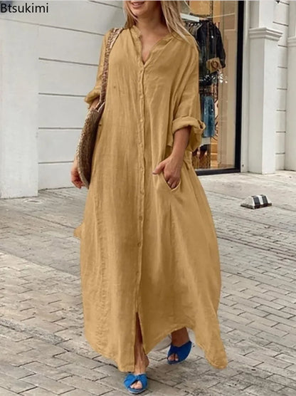 Linen-Blend Long Shirt Dress with Pockets