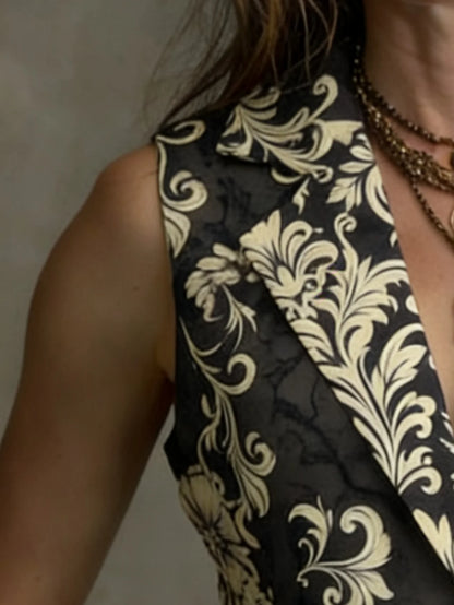 Printed Lapel Waistcoat with Faux Pockets