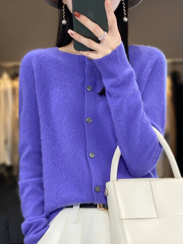 Fine Wool-Blend O-Neck Cardigan
