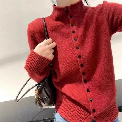 Stand-Collar Button Knit Cardigan