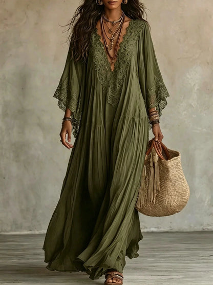 Lace-Trim V-Neck Maxi Dress