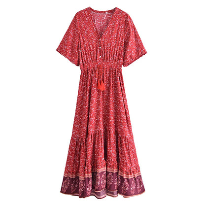 Floral Tassel-Trim Bohemian Maxi Dress