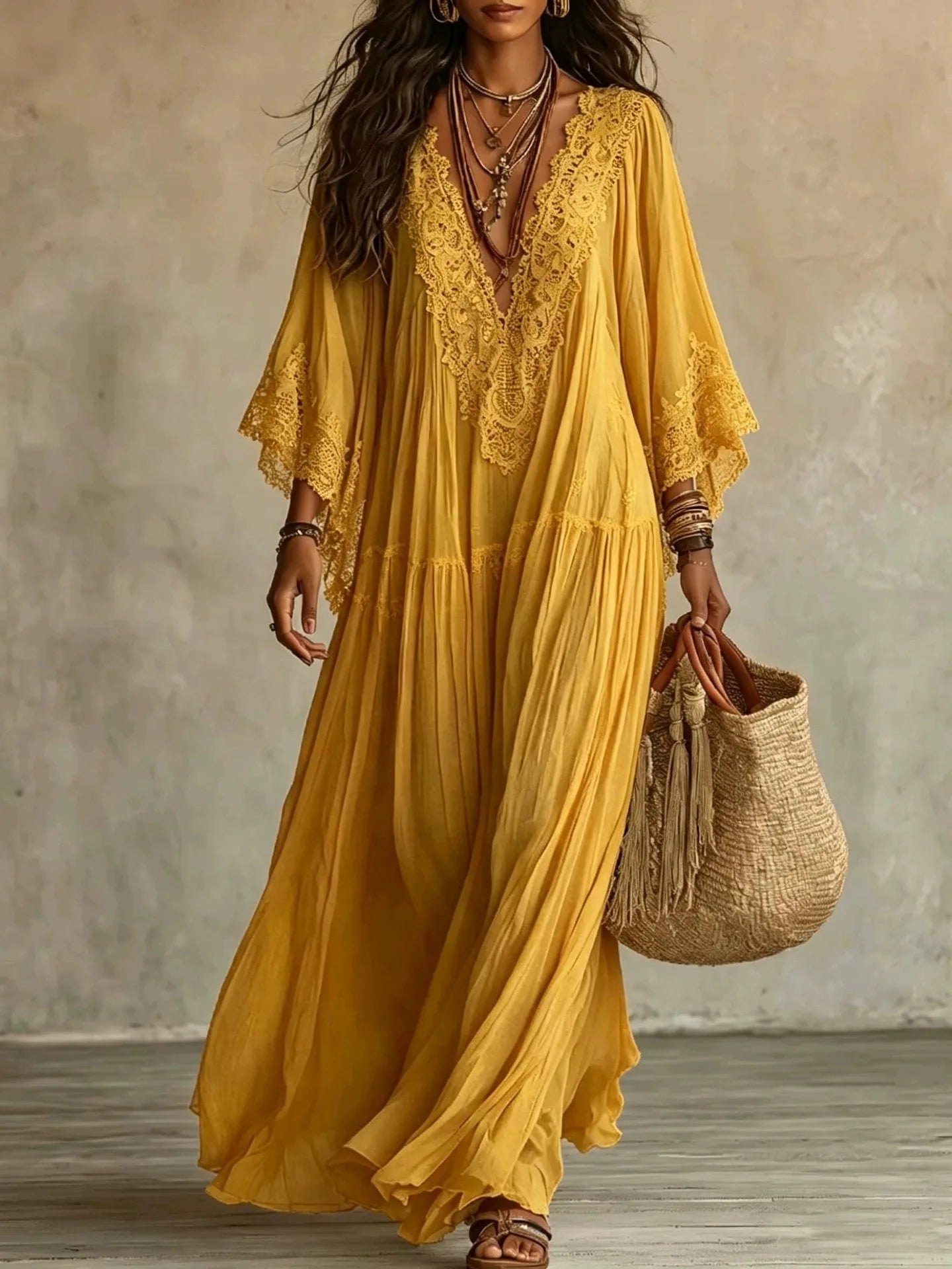 Lace-Trim V-Neck Maxi Dress