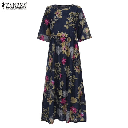 Floral Print Three-Quarter Sleeve Midi Dress