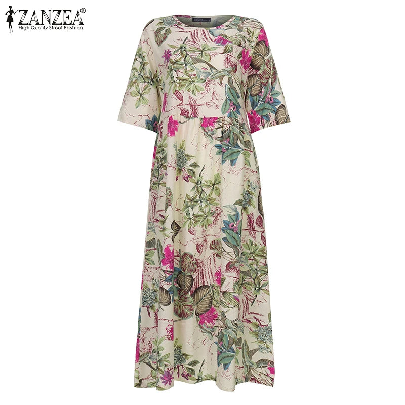 Floral Print Three-Quarter Sleeve Midi Dress