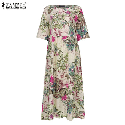 Floral Print Three-Quarter Sleeve Midi Dress