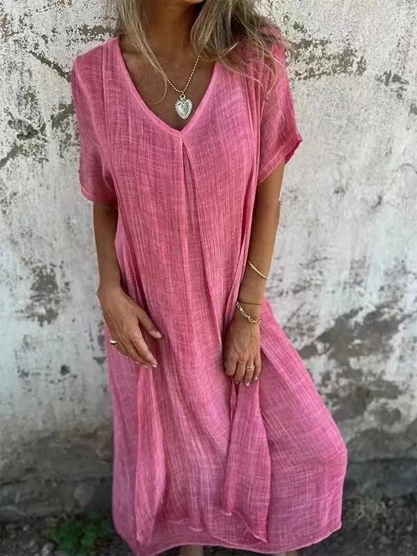 Short-Sleeve Linen V-Neck Maxi Dress